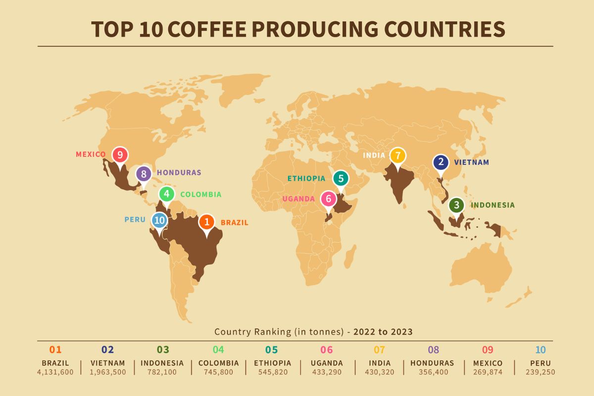 World map of the top 10 coffee-producing countries