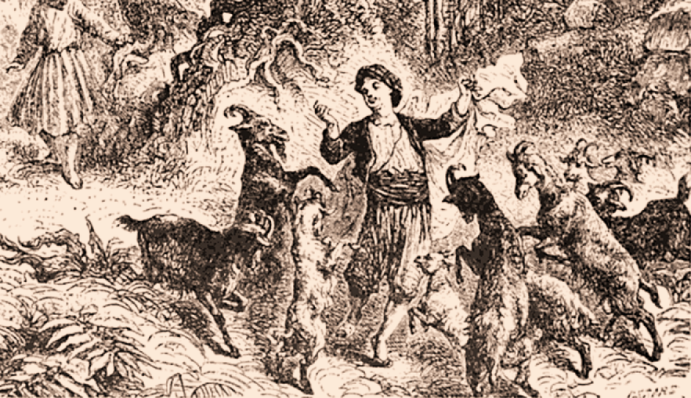 Classic illustration of the legendary Kaldi the goat herder discovering coffee